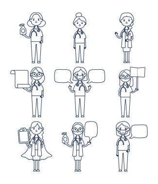 Çizgi film doktorları konuşma baloncuğu ikonu olan kadınlar set, çizgi tarzı