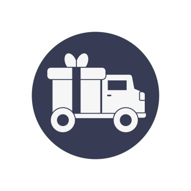 Hızlı teslimat konsepti, hediye kutusu simgesi olan kargo kamyonu, blok tarzı