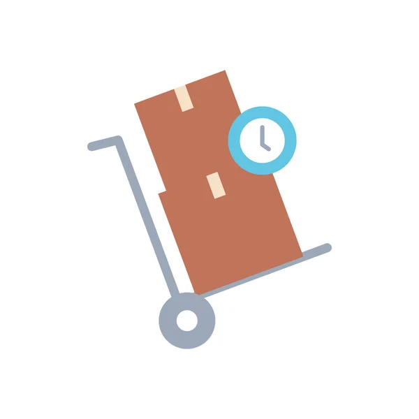 Carrito de mano con cajas de paquetes e icono de reloj, estilo plano — Vector de stock