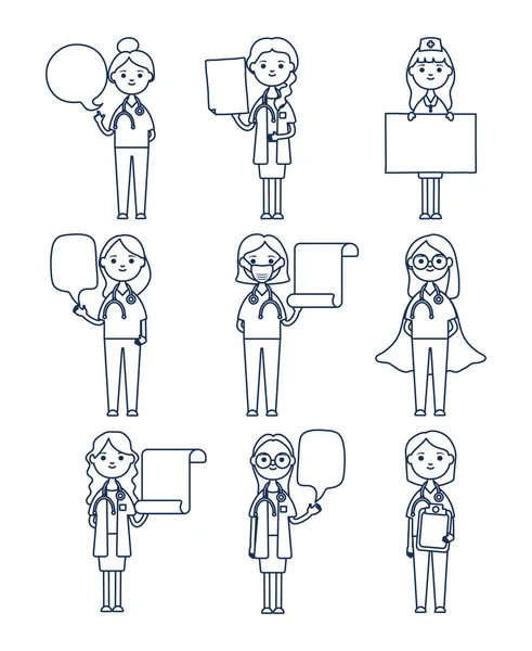 Bande dessinée médecins femmes et le personnel médical icône ensemble, style ligne — Image vectorielle