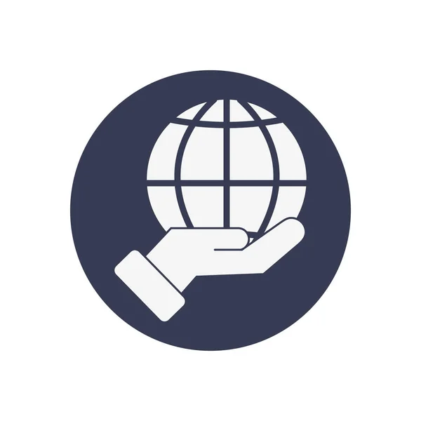 Mano sosteniendo un icono de esfera global, estilo bloque — Vector de stock