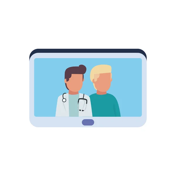 Homme médecin avec stéthoscope et pacient intérieur comprimé plat style icône vectoriel design — Image vectorielle