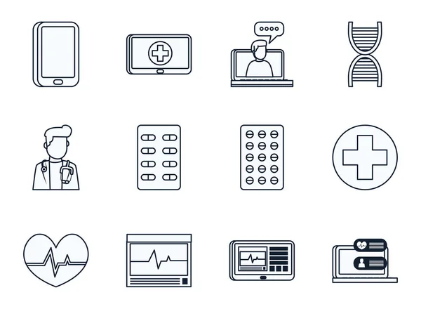 Gezondheid online en medische zorg lijn stijl pictogram set vector ontwerp — Stockvector