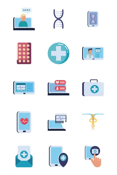 Health online and medical care flat style icon set vector design — Stock Vector