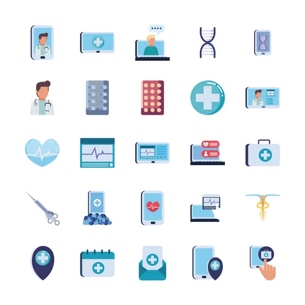 Health online and medical care flat style icon set vector design — Stock Vector