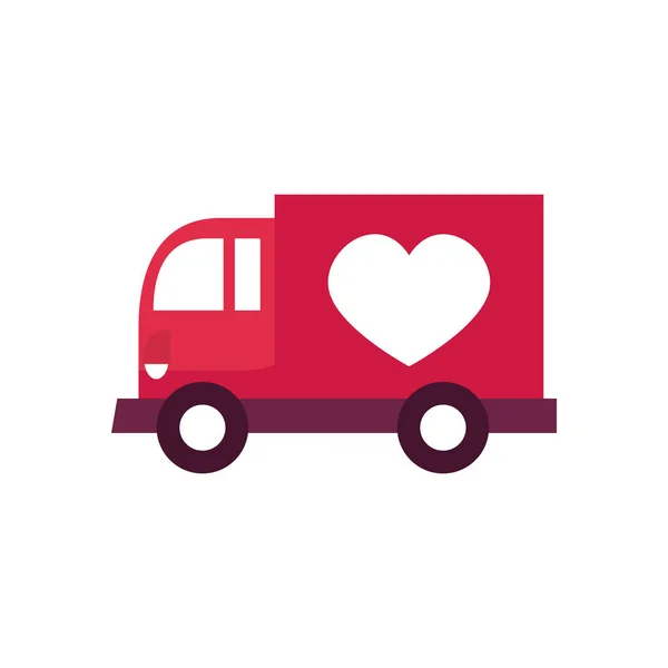 Concept de dons de bienfaisance, camion de dons avec icône de coeur, style plat — Image vectorielle