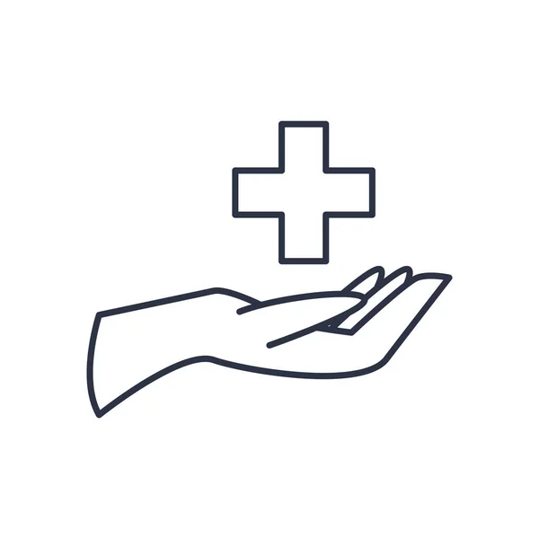 Charity Spenden Konzept, Hand und medizinisches Kreuz Ikone, Linie Stil — Stockvektor