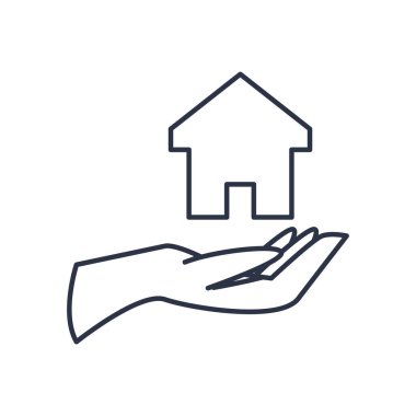 Bağış konsepti, el ve ev ikonu, çizgi tarzı