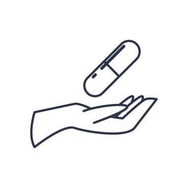 Bağış konsepti, el ve ilaç kapsülü, çizgi tarzı