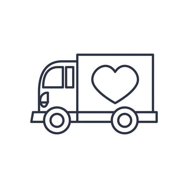 Concept de dons de bienfaisance, camion de dons avec icône de coeur, style ligne — Image vectorielle