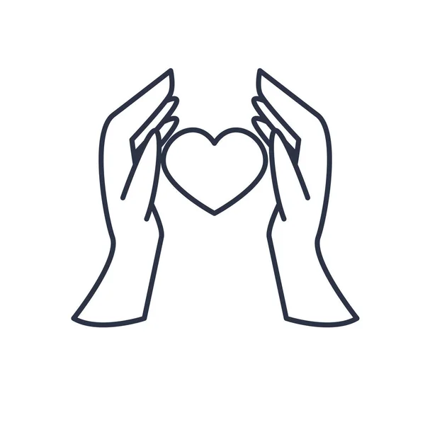 Välgörenhet donationer koncept, händer med hjärta ikon, linje stil — Stock vektor