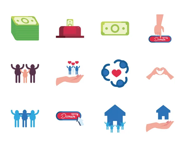 Mãos e doações de caridade conjunto de ícones, estilo plano —  Vetores de Stock