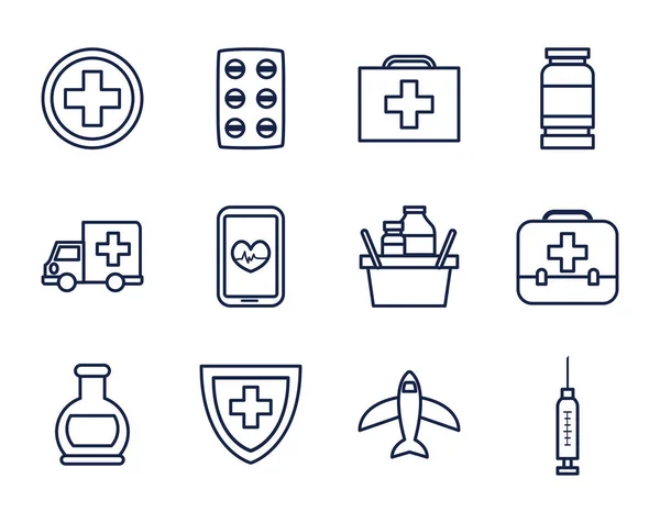 Medizin und Coronavirus Icon Set, Neon-Stil — Stockvektor