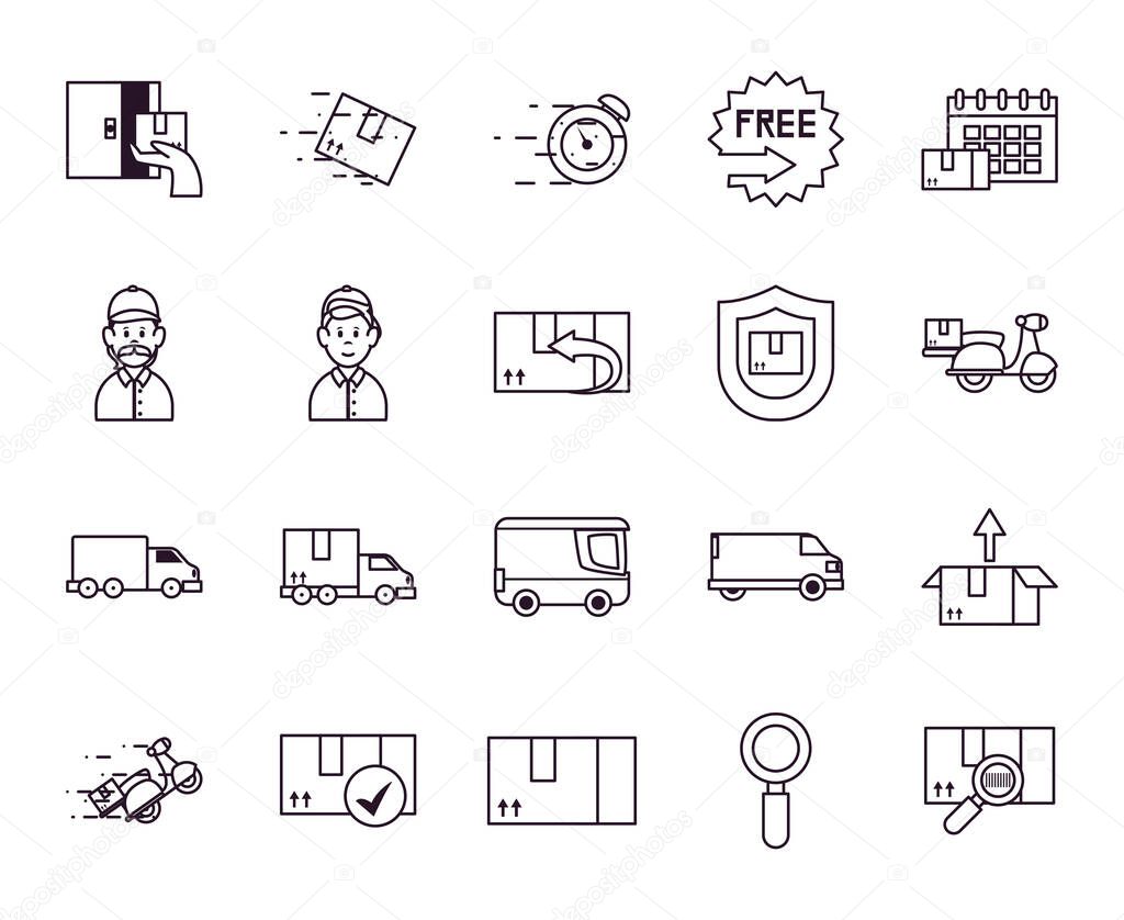 boxes and fast delivery icon set, line style