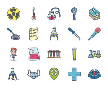 tıp ve bilim ikonu seti, düz stil