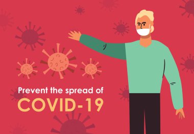 Covid19 önleme görevi. Ağız maskeli, renkli tasarımı olan bir çizgi film karakteri.