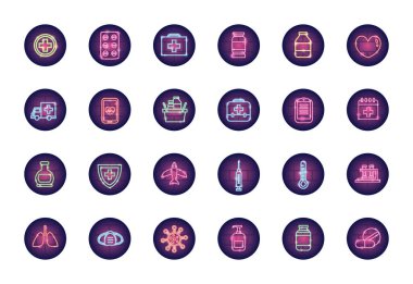 Tıbbi ekipman ve covid 19 simge seti, neon tarzı