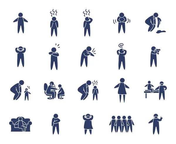Piktogramm Personen und Krankheit Icon Set, Linienstil — Stockvektor