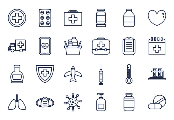 Sprzęt medyczny i covid 19 zestaw ikon, styl linii — Wektor stockowy