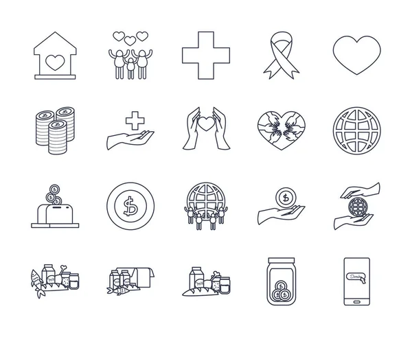 Orvosi segédeszközök, jótékonysági és adományok ikon készlet, vonalstílus — Stock Vector