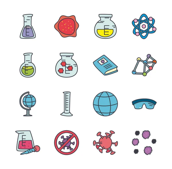 Frascos e conjunto de ícones de ciência, estilo plano —  Vetores de Stock
