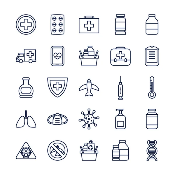Conjunto de iconos de avión y coronavirus, estilo de línea — Vector de stock