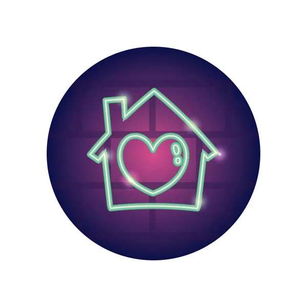 Evde kal konsept, kalp ikonlu ev, neon tarzı — Stok Vektör