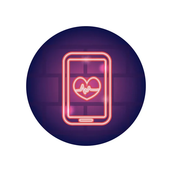 Smartphone con icono de corazón cardio en la pantalla, estilo neón — Vector de stock