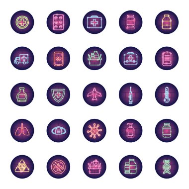 uçak ve koronavirüs simgesi seti, neon tarzı