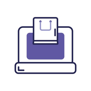 mobil bankacılık kavramı, alışveriş poşeti simgesi olan dizüstü bilgisayar, çizgi renk biçimi