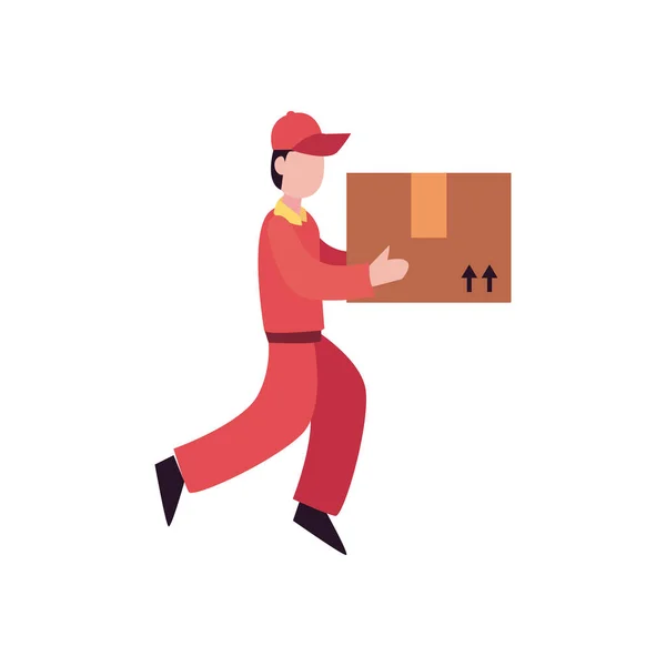 Homem de entrega segurando um ícone de caixa de pacote, estilo plano — Vetor de Stock