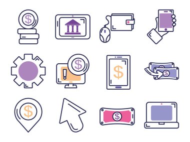 para sikkeleri ve mobil bankacılık simgesi seti, satır renk biçimi