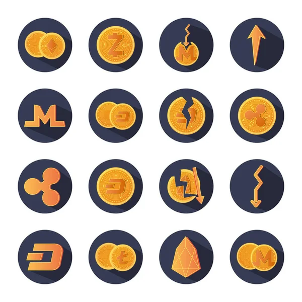 Cryptocurrency szimbólumok ikon készlet, blokk részletes stílus — Stock Vector