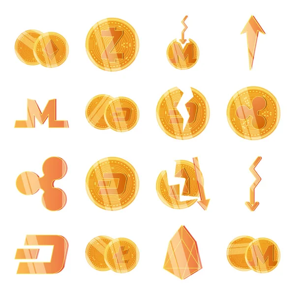 Jeu d'icônes de symboles crypto-monnaie, style détaillé — Image vectorielle