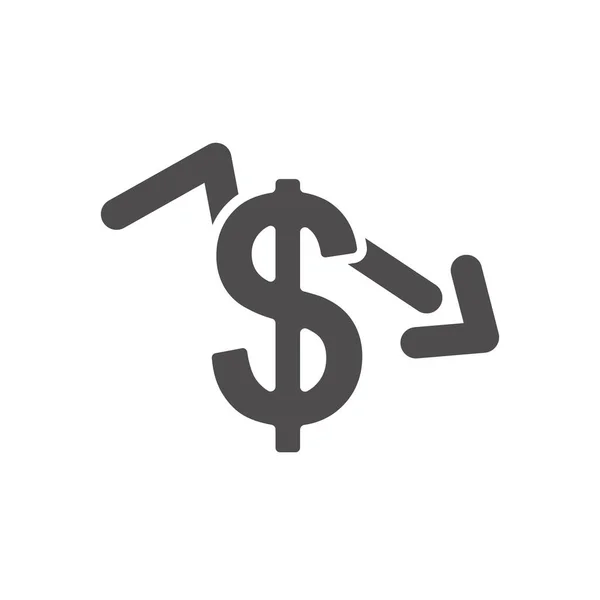 Concetto di recessione economica, simbolo del denaro e freccia finanziaria giù icona, stile silhouette — Vettoriale Stock