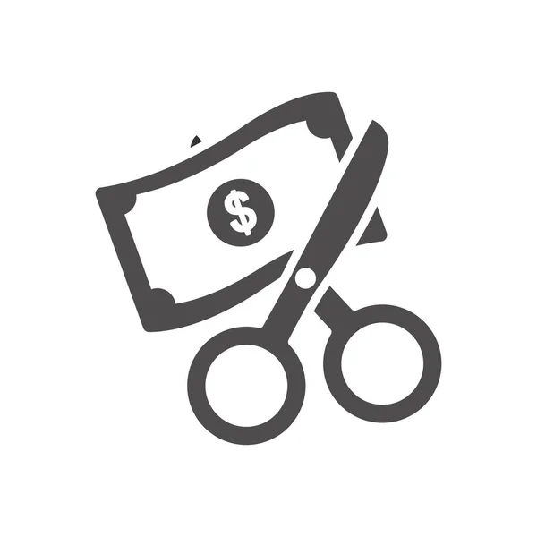 Finanční zlomený koncept, nůžky řezání peníze účet ikona silueta styl — Stockový vektor