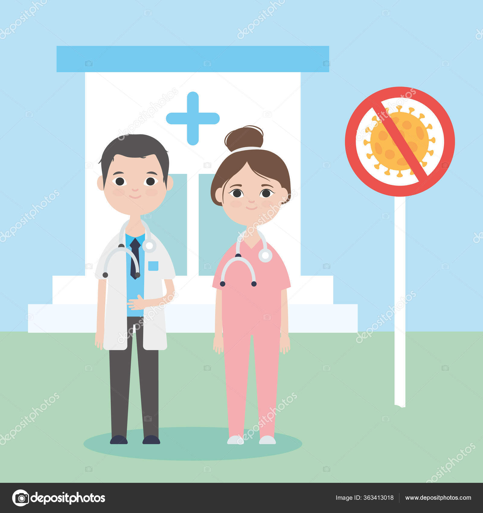 Cartoon doctor woman and man standing next to stop covid 19 sign Stock Vector Image by © #363413018 Cartoon doctor woman and man standing next to stop covid 19 sign Stock Vector Image by © #363413018