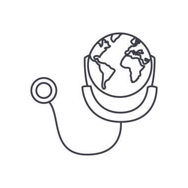 Stetoskop simgesine sahip dünya gezegeni, çizgi biçimi