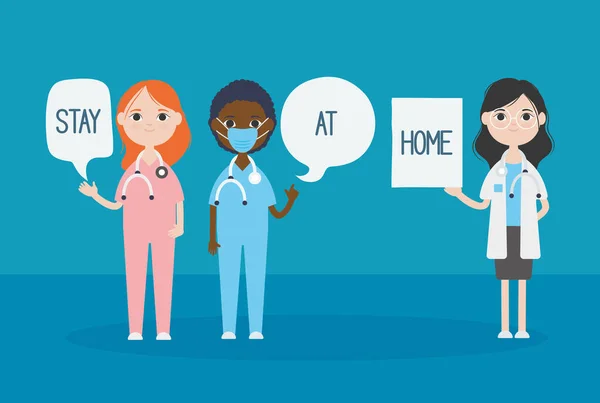 Stop covid19 concept, Cartoon artsen vrouwen tonen het belang van thuis te blijven, kleurrijk ontwerp — Stockvector