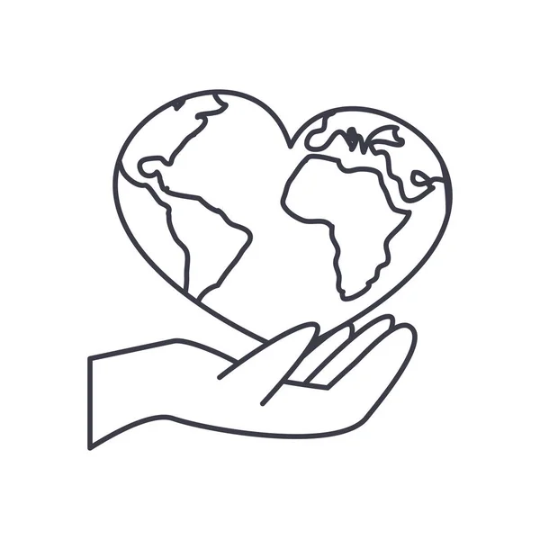Χέρι με πλανήτη γη σε σχήμα καρδιάς εικονίδιο, γραμμή στυλ — Διανυσματικό Αρχείο