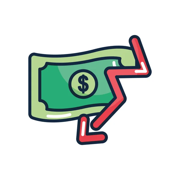 Concepto de quiebra financiera, factura de dinero con flecha financiera abajo icono, estilo de color de línea — Archivo Imágenes Vectoriales