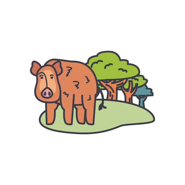 Pig and trees around icon, fill style — Stock Vector