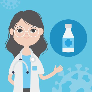 Karikatür doktoru kadın alkol şişesinin önemini gösteriyor, renkli tasarım.