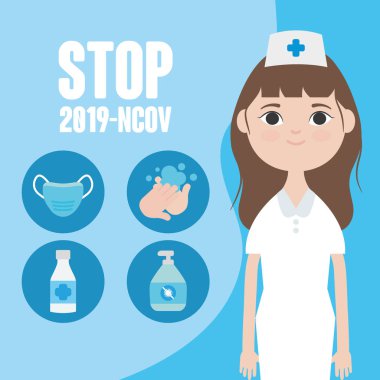 Çizgi film hemşiresi. Renkli tasarımı olan, çovid 19 'un temizlik önlemelerinin önemine sahip.