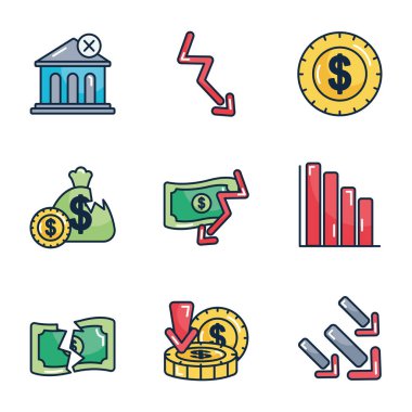 Banka ve ekonomik durgunluk simgesi seti, çizgi renk biçimi