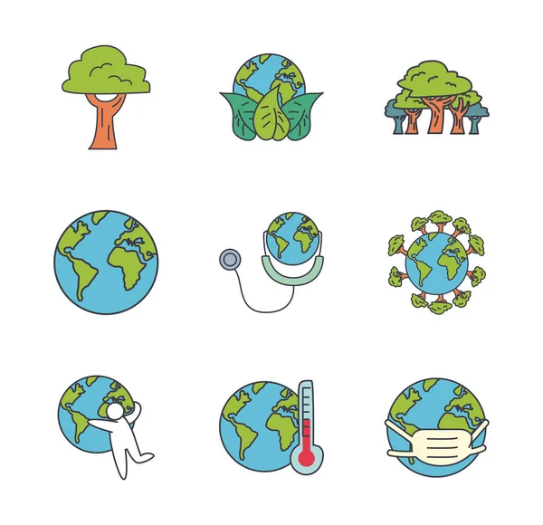 Planeta tierra y naturaleza icono conjunto, estilo de relleno — Vector de stock