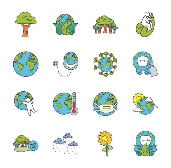 Planetas dos desenhos animados e conjunto de ícones da natureza, estilo de preenchimento —  Vetores de Stock
