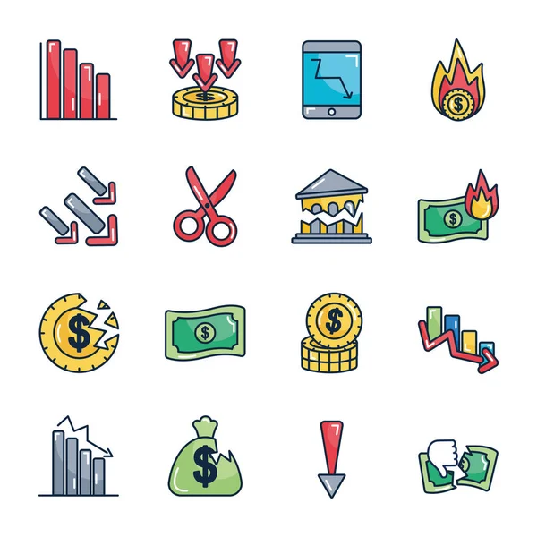 Gráficos e conjunto de ícones de recessão econômica, estilo de cor de linha — Vetor de Stock