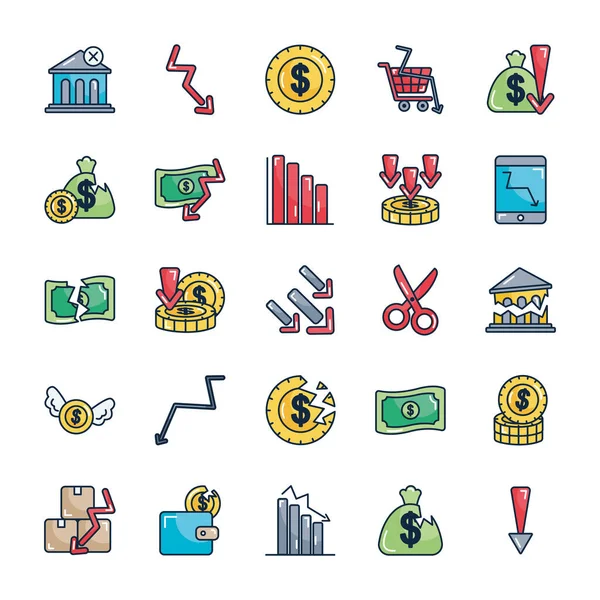 Itens de dinheiro e conjunto de ícones financeiros quebrados, estilo de cor de linha — Vetor de Stock
