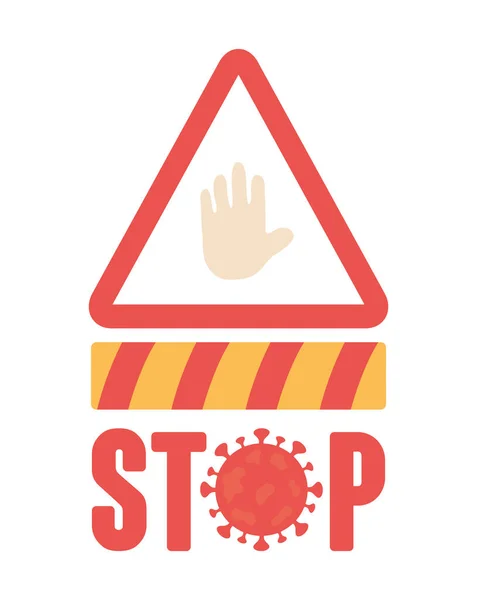 Концепция stop covid 19, предупреждающий знак с рукой остановки и лентой опасности — стоковый вектор